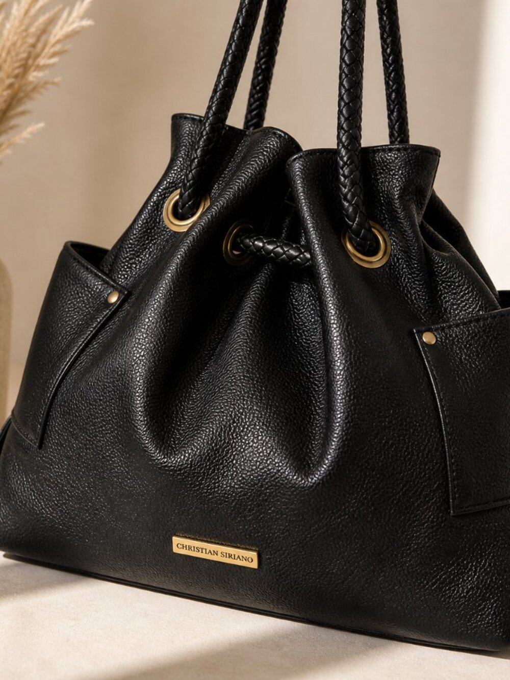 Christian Siriano Black Pebbled Drawstring Hobo with Gold Accents